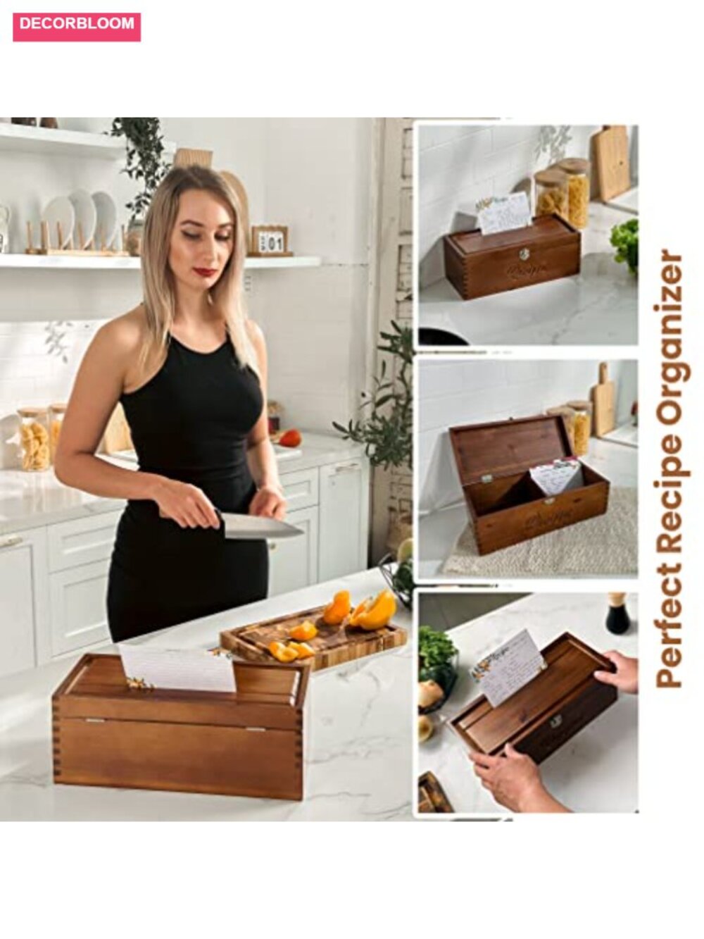 Acacia Wood Large Recipe Box with 100 Cards and 8 Dividers - Picture 5 of 6